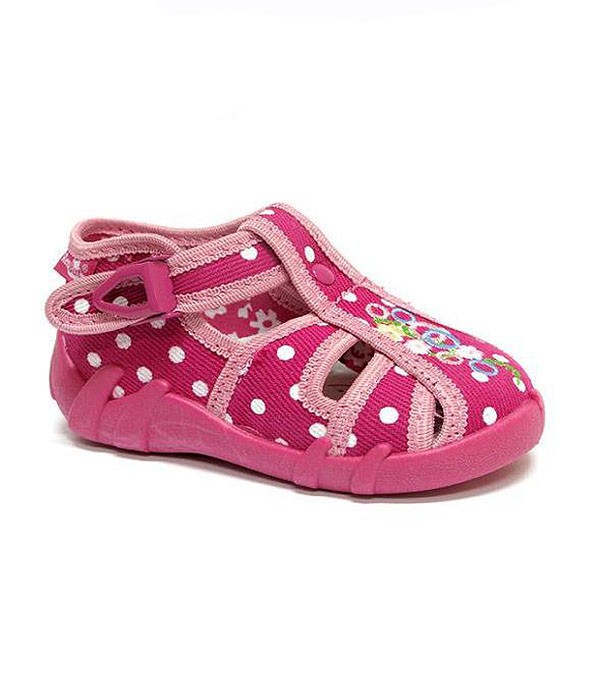 Pink shoes with white polka dots for a toddler girl